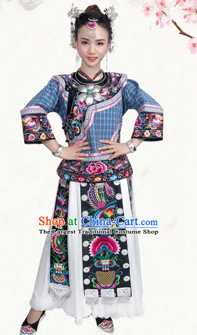 Chinese Miao Nationality Dress Stage Show Clothing Hmong Ethnic Woman Folk Dance Costumes and Hair Jewelry