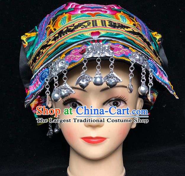 China Xiangxi Tujia Ethnic Minority Woman Silver Tassel Headwear Traditional Yi Nationality Stage Show Embroidered Hat