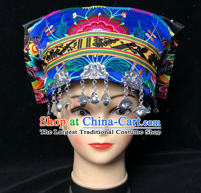 China Traditional Yi Nationality Stage Show Embroidered Blue Hat Xiangxi Tujia Ethnic Minority Woman Silver Tassel Headwear