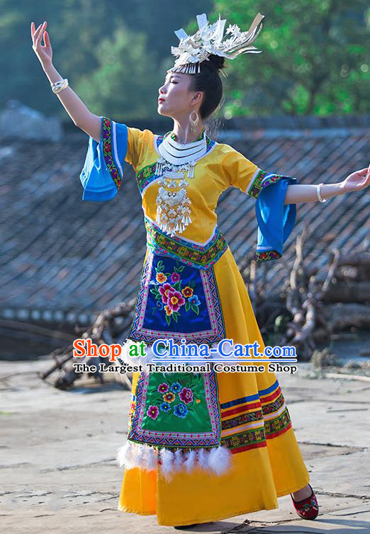 Chinese Dong Nationality Stage Performance Dress Clothing Ethnic Folk Dance Yellow Outfits and Hair Jewelry