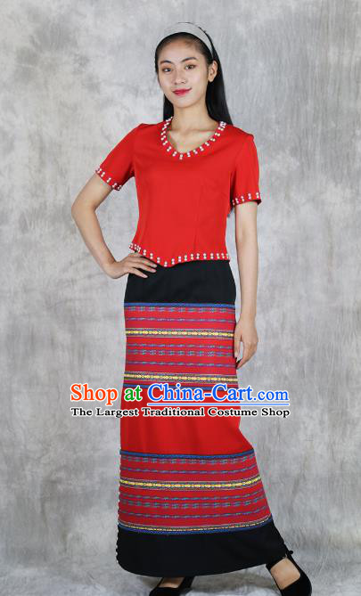 Chinese Yunnan Nationality Woman Red Dress Outfits Ethnic Folk Dance Costume Wa Minority Informal Clothing