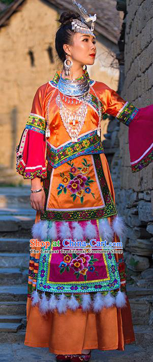 Chinese Dong Nationality Folk Dance Dress Clothing Ethnic Stage Performance Orange Outfits and Hair Accessories