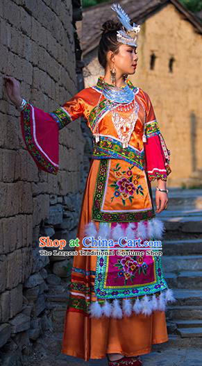 Chinese Dong Nationality Folk Dance Dress Clothing Ethnic Stage Performance Orange Outfits and Hair Accessories