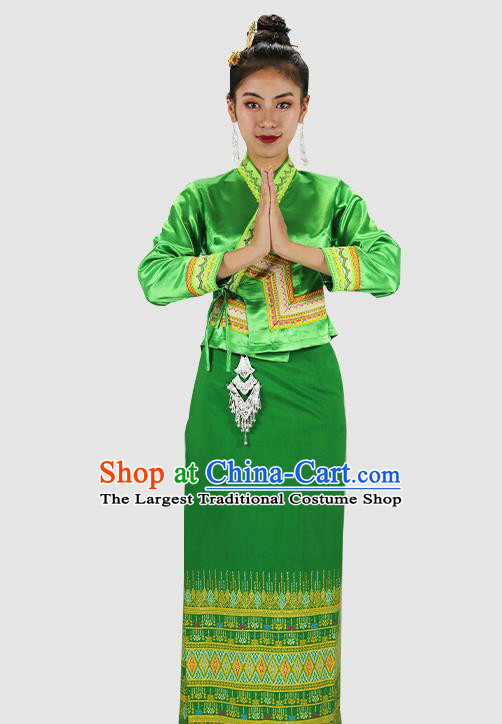 Chinese Dai Nationality Dance Green Dress Outfits Yunnan Ethnic Woman Informal Costume Yunnan Minority Clothing