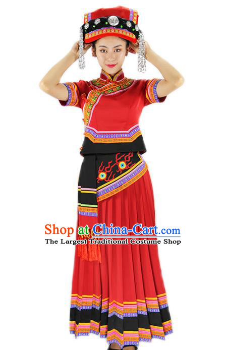 Chinese Yi Minority Red Outfits Clothing Ethnic Folk Dance Costume Nationality Woman Wedding Dress