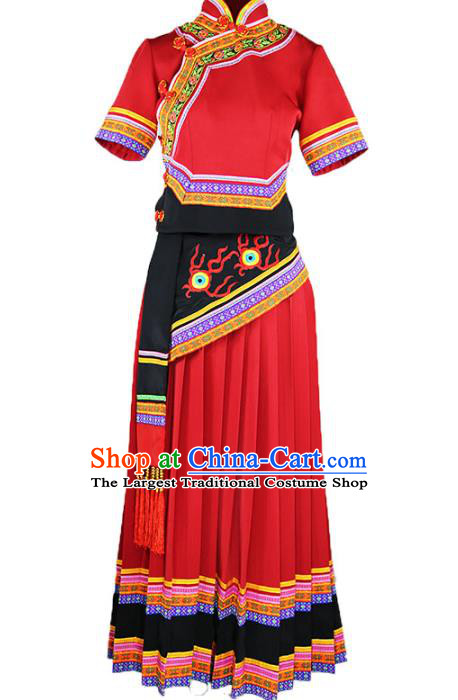Chinese Yi Minority Red Outfits Clothing Ethnic Folk Dance Costume Nationality Woman Wedding Dress
