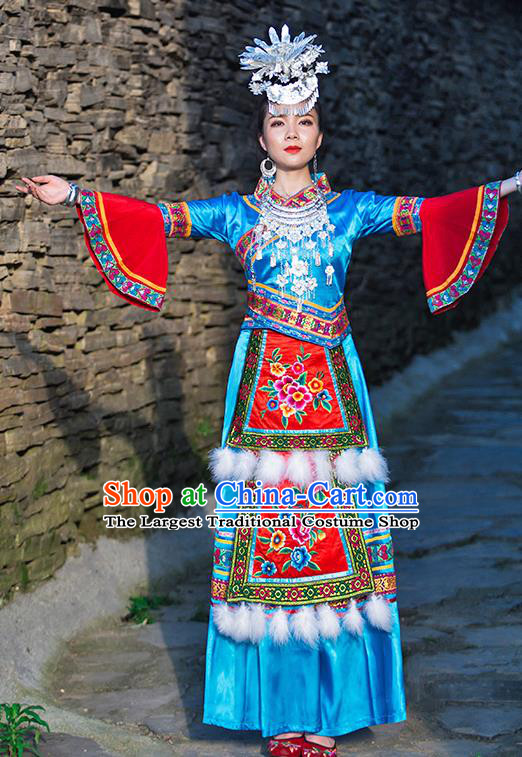 Chinese Ethnic Stage Performance Blue Outfits Dong Nationality Folk Dance Dress Clothing and Hair Accessories