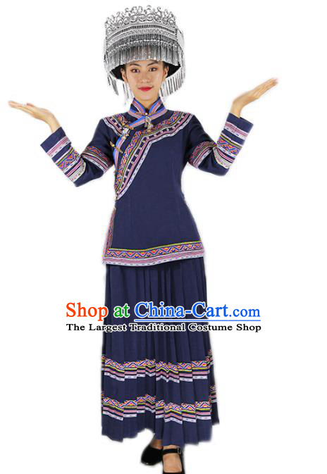 Chinese Nationality Woman Dress Yi Minority Navy Outfits Clothing Ethnic Folk Dance Costume and Silver Tassel Hat