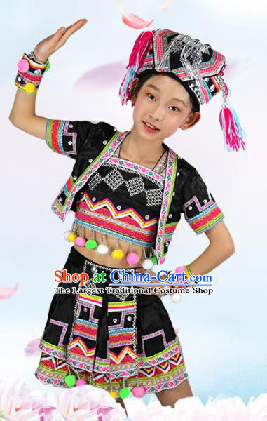 China Hani Ethnic Minority Folk Dance Black Outfits Yunnan Nationality Girl Costumes and Hat