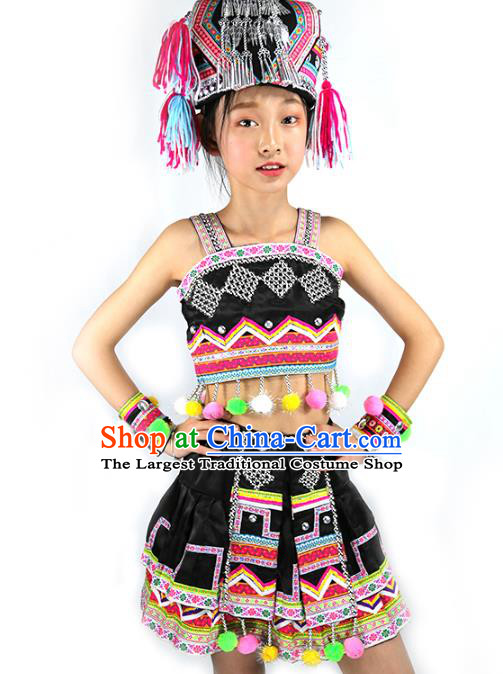 China Hani Ethnic Minority Folk Dance Black Outfits Yunnan Nationality Girl Costumes and Hat