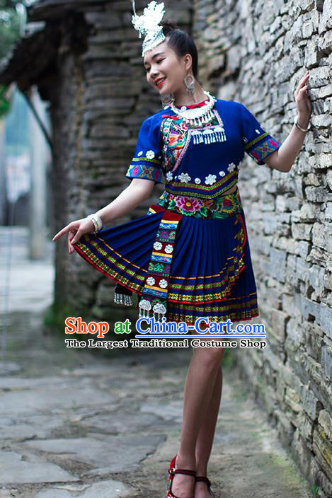 Chinese Ethnic Folk Dance Blue Outfits Dong Nationality Young Lady Dress Clothing and Hair Jewelry