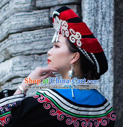 China Liangshan Ethnic Minority Torch Festival Silver Tassel Headwear Traditional Yi Nationality Bride Red Hat