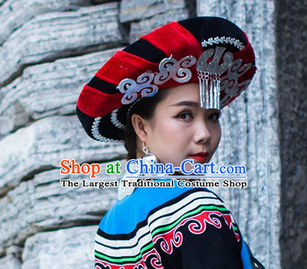 China Liangshan Ethnic Minority Torch Festival Silver Tassel Headwear Traditional Yi Nationality Bride Red Hat