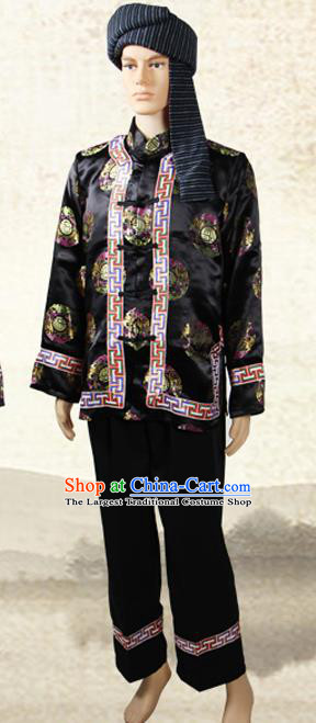 China Shui Nationality Folk Dance Costumes Guizhou Sui Ethnic Minority Male Black Outfits Clothing and Headwear
