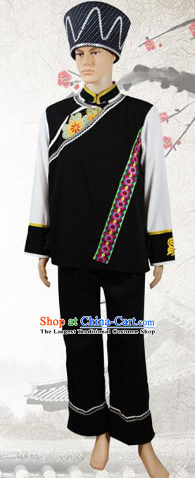 China Tu Nationality Folk Dance Costumes Qinghai Province Ethnic Minority Man Black Outfits Clothing and Hat