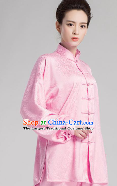 China Traditional Tai Chi Performance Pink Silk Uniforms Kung Fu Training Costumes
