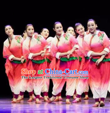 Chinese Drum Dance Clothing Fan Dance Stage Performance Costume Folk Dance Pink Outfits