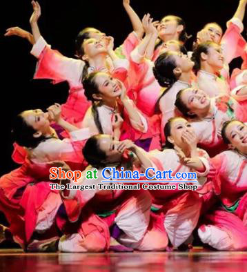 Chinese Drum Dance Clothing Fan Dance Stage Performance Costume Folk Dance Pink Outfits