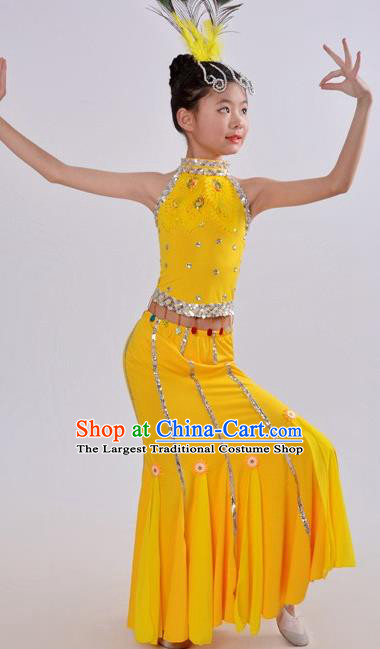 Top China Dai Nationality Minority Costume Stage Performance Clothing Children Day Peacock Dance Yellow Dress