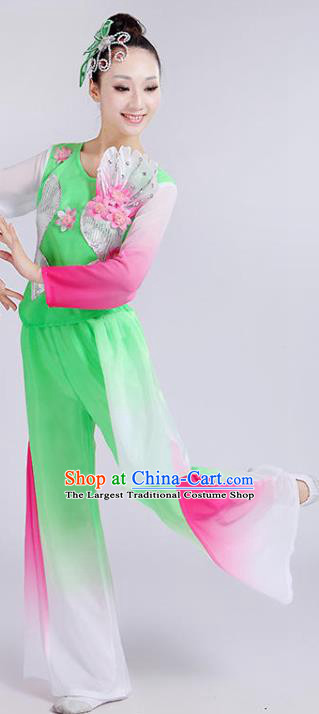 Chinese Folk Dance Green Outfits Umbrella Dance Clothing Fan Dance Stage Performance Costume