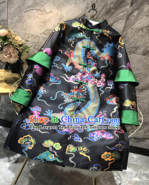 China Woman Classical Dragon Pattern Black Brocade Cotton Padded Jacket Traditional Tang Suit Outer Garment