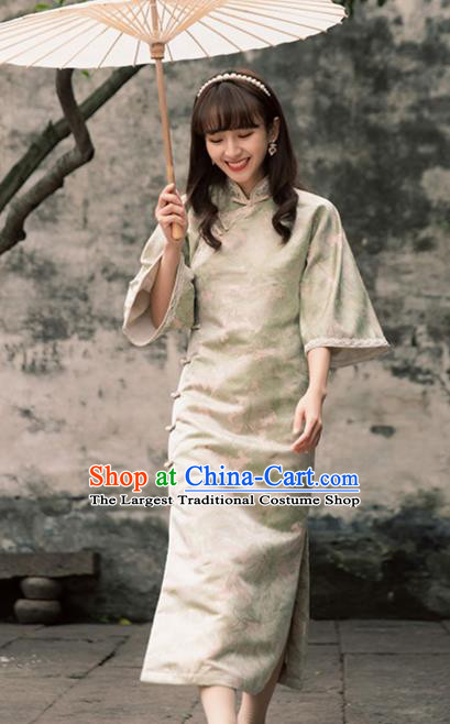 Chinese Traditional Young Lady Clothing Light Green Qipao Dress National Wide Sleeve Silk Cheongsam