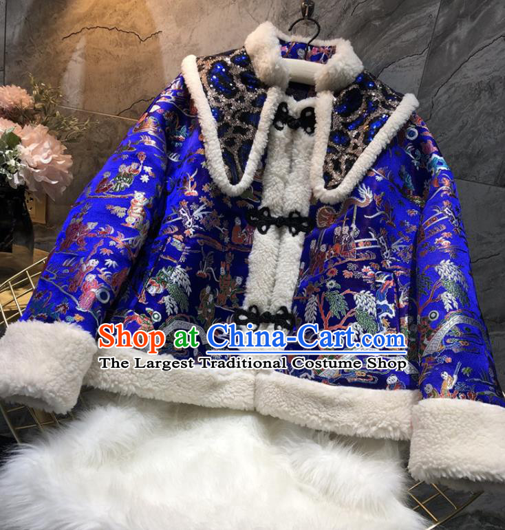 China Traditional Tang Suit Winter Cotton Padded Coat Woman Classical Royalblue Brocade Jacket