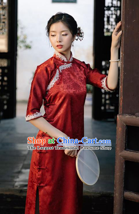 Chinese Traditional Shanghai Beauty Clothing Classical Red Brocade Qipao Dress National Cheongsam