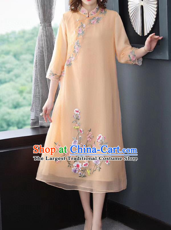 Chinese National Classical Embroidered Apricot Organza Qipao Dress Traditional Women Cheongsam Clothing