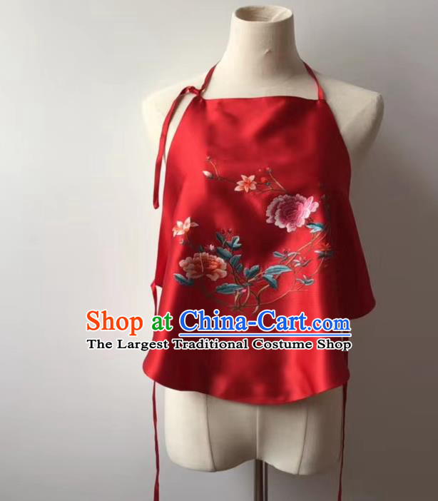 Chinese National Women Wedding Stomachers Tang Suit Undergarment Embroidered Peony Red Silk Bellyband