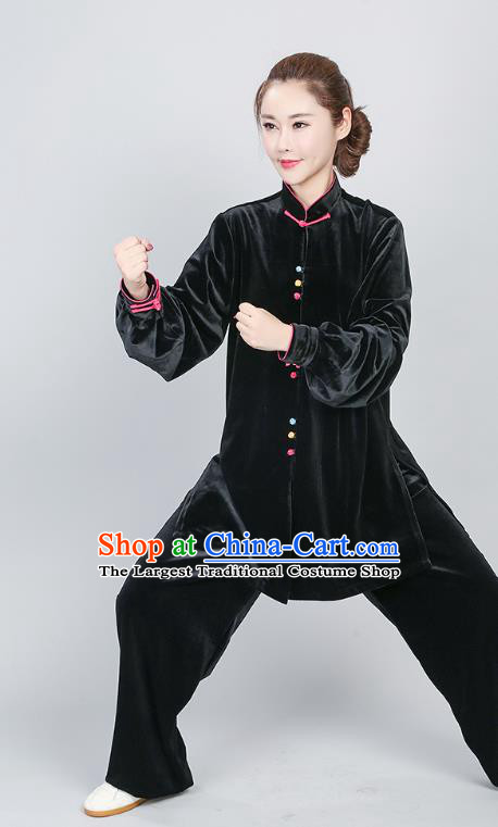 China Martial Arts Competition Black Pleuche Uniforms Traditional Kung Fu Clothing Tai Chi Training Costumes