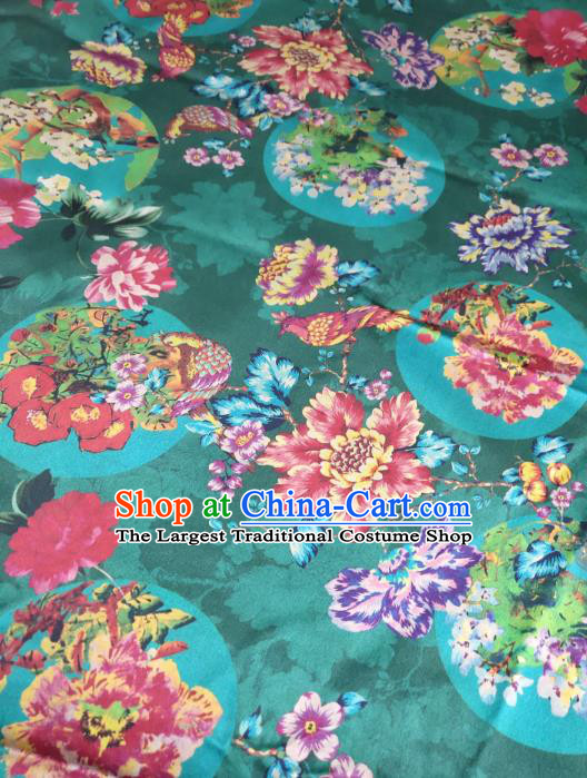 China Traditional Cheongsam Silk Fabric Peony Pattern Gambiered Guangdong Gauze Green Satin Cloth