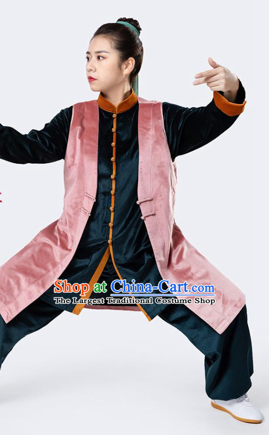 China Winter Woman Tai Chi Performance Uniforms Traditional Martial Arts Pink Vest Shirt and Pants