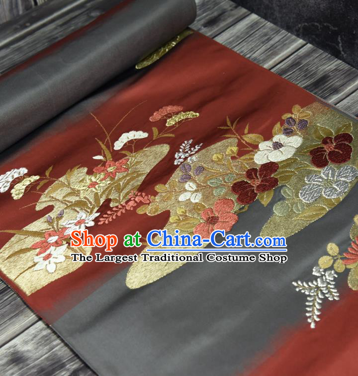 Traditional Japanese Classical Flowers Pattern Silk Fabric Asian Japan Kimono Belt Dark Red Brocade Material