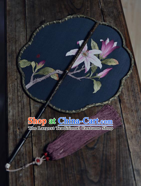 China Classical Dance Fan Chinese Handmade Mangnolia Painting Palace Fan Traditional Navy Silk Fan