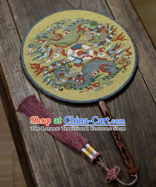 China Handmade Double Lions Pattern Palace Fan Traditional Yellow Silk Fan Ancient Ming Dynasty Court Circular Fan
