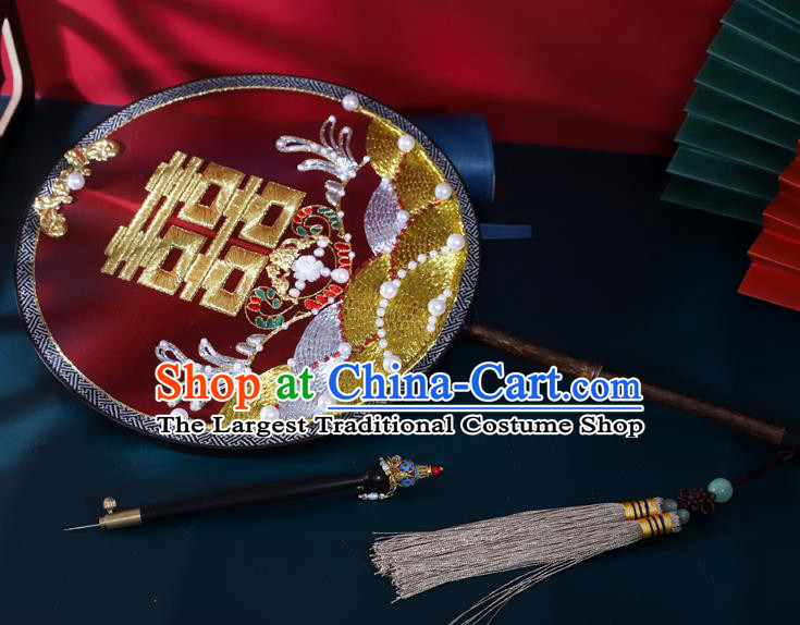 China Handmade Wedding Red Silk Fan Bride Pearls Palace Fan Traditional Cultural Dance Circular Fan