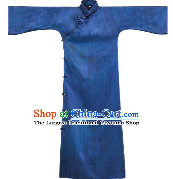 Asian Chinese Classical Wide Sleeve Cheongsam Traditional Blue Silk Long Qipao Dress Clothing