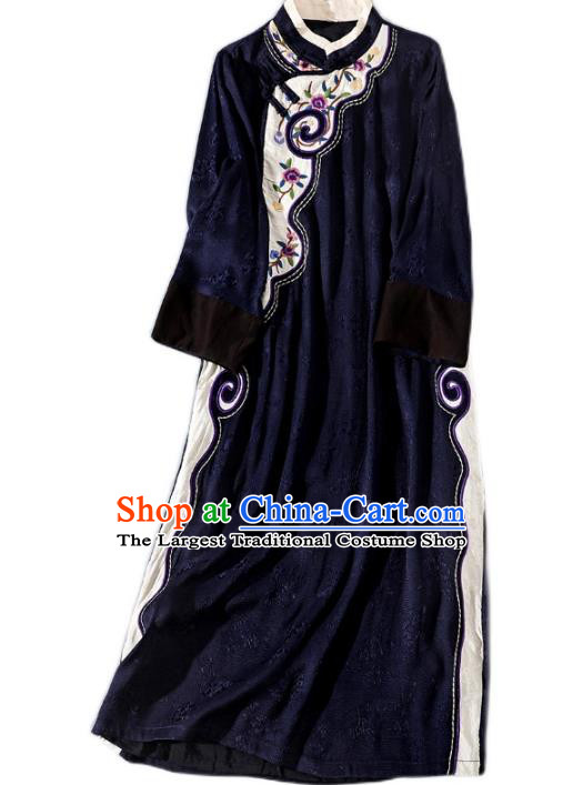 Asian Chinese Traditional Woman Deep Blue Qipao Dress Classical Silk Cheongsam Embroidered Clothing