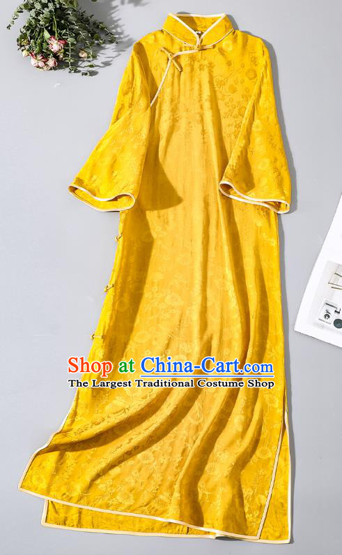 Asian Chinese Traditional Shanghai Beauty Qipao Dress Clothing Classical Golden Silk Cheongsam