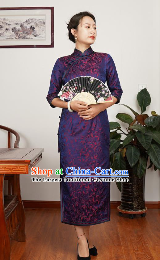 Asian Chinese Classical Purple Silk Cheongsam Costume Traditional Wedding Mother Brocade Qipao Dress