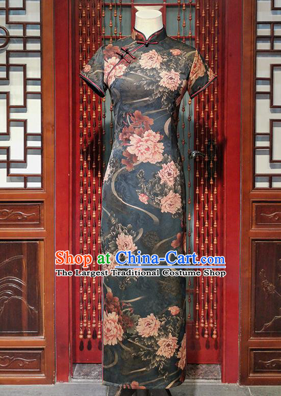 Chinese Classical Printing Peony Dark Green Cheongsam Traditional Stage Performance Qipao Dress National Young Woman Clothing