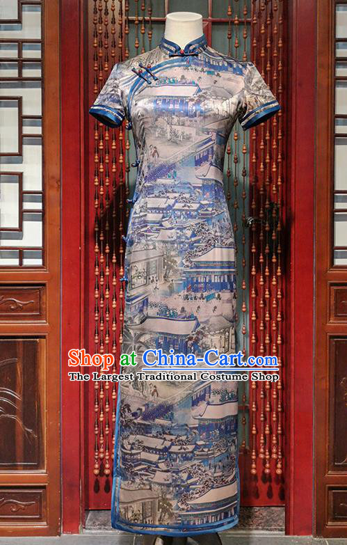 Chinese Classical Printing Brocade Cheongsam Traditional Stage Performance Qipao Dress