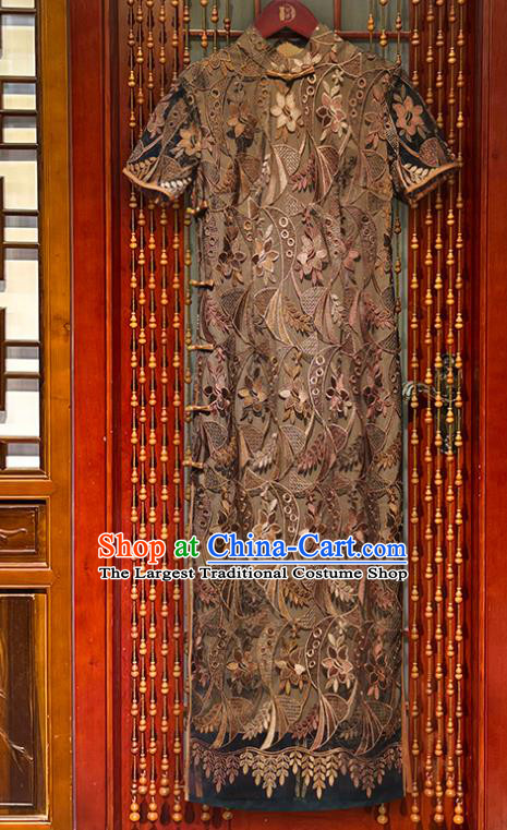 Chinese Classical Dance Qipao Dress Elderly Woman Brown Lace Cheongsam Costume