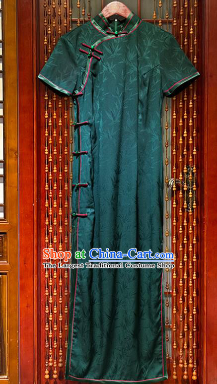 Chinese Classical Jacquard Bamboo Leaf Deep Green Silk Qipao Dress National Young Lady Cheongsam Costume
