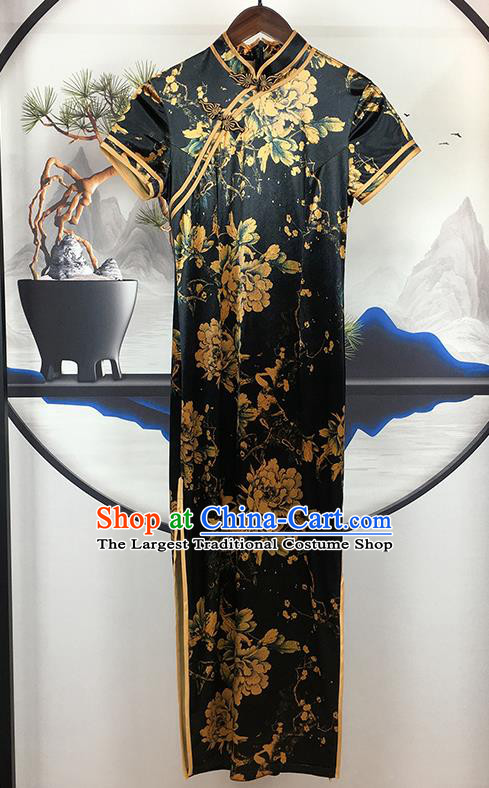 Chinese National Compere Cheongsam Dress Classical Dance Clothing Traditional Printing Peony Black Silk Qipao