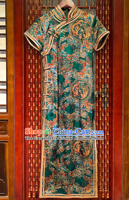 Chinese Stand Collar Qipao Dress Clothing National Woman Clothing Traditional Printing Dragon Phoenix Green Cheongsam