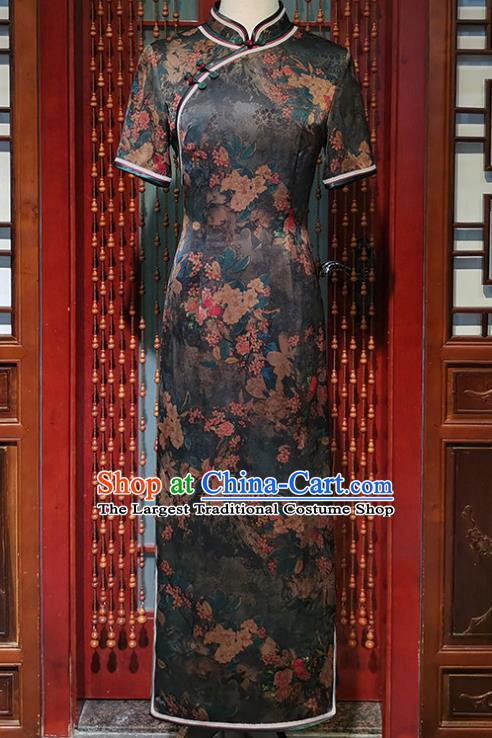Chinese Traditional Classical Dance Qipao Dress Clothing Pear Blossom Pattern Grey Silk Cheongsam