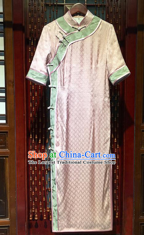 Chinese Traditional Young Lady Pink Cheongsam Stand Collar Qipao Dress Classical Female Scholar Clothing