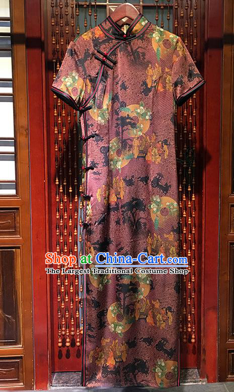 China Catwalks Purplish Red Silk Qipao Dress Traditional Printing Long Cheongsam Bride Clothing